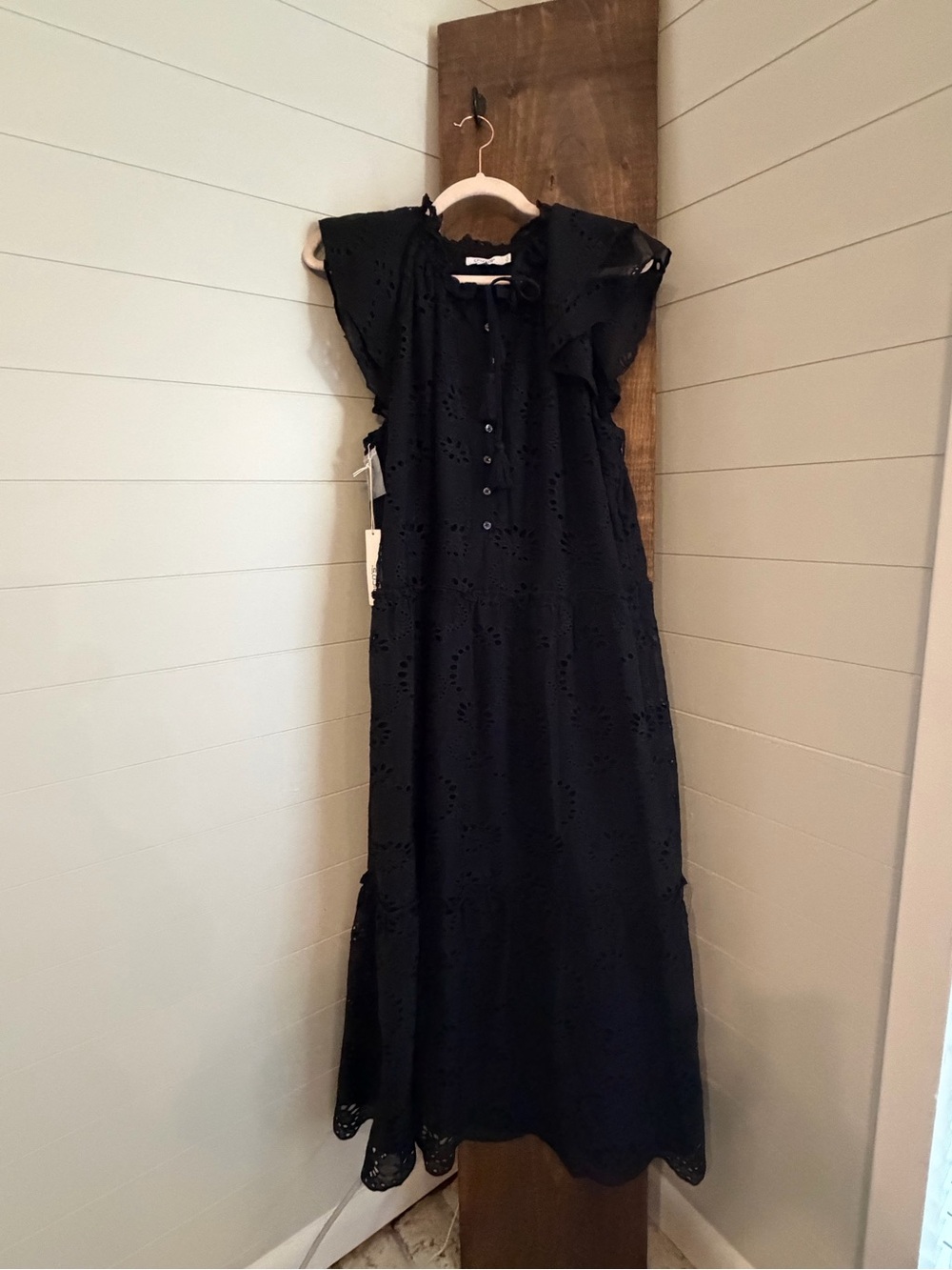 Chico's Eyelet Tiered Sleeveless Midi Dress Black  w/ Flutter Sleeves